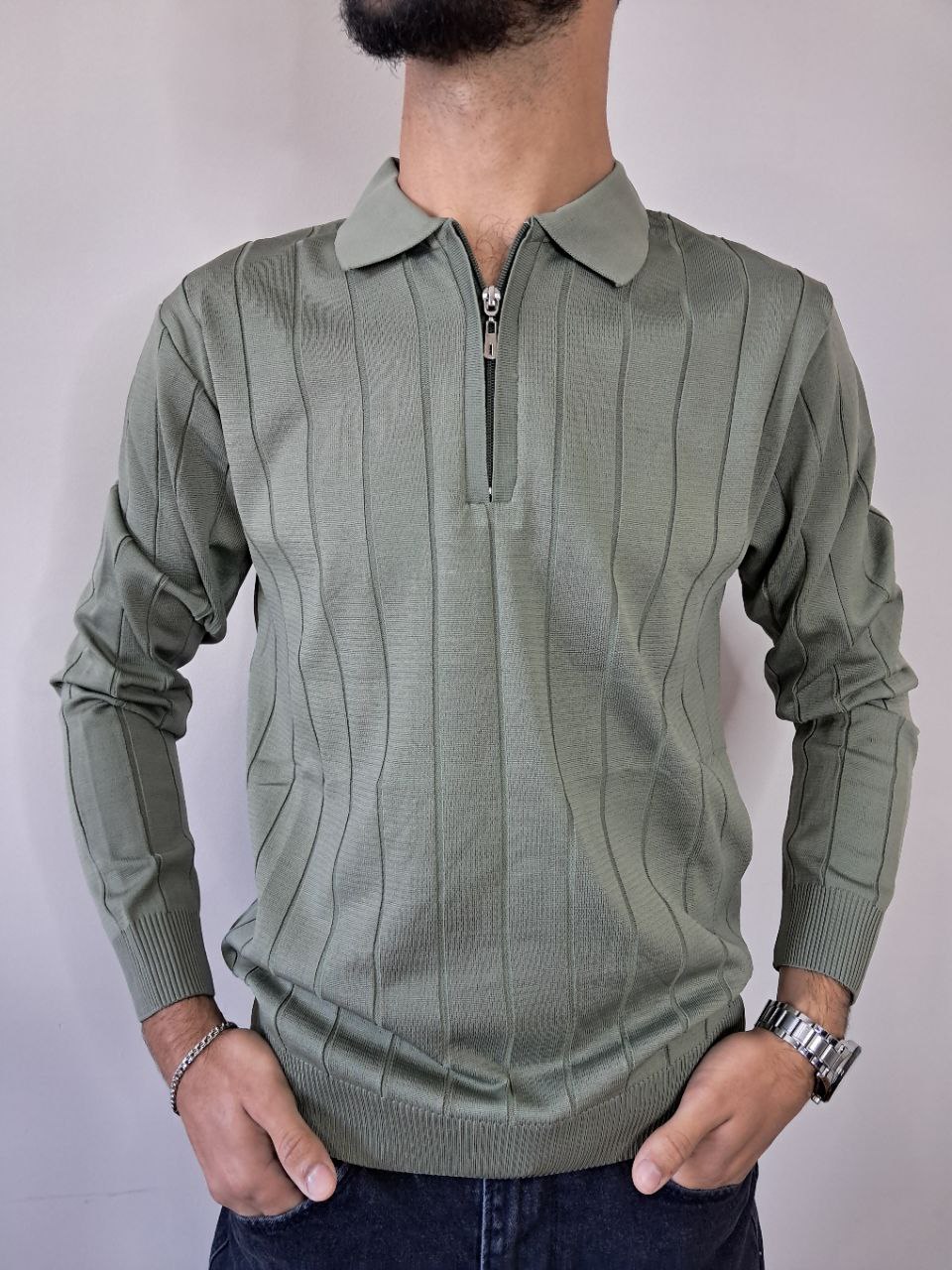 Textured Polo Knit cu Fermoar